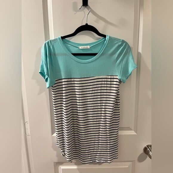 Viamor blue colorblock short sleeve with black & white stripes women size S - Picture 1 of 5